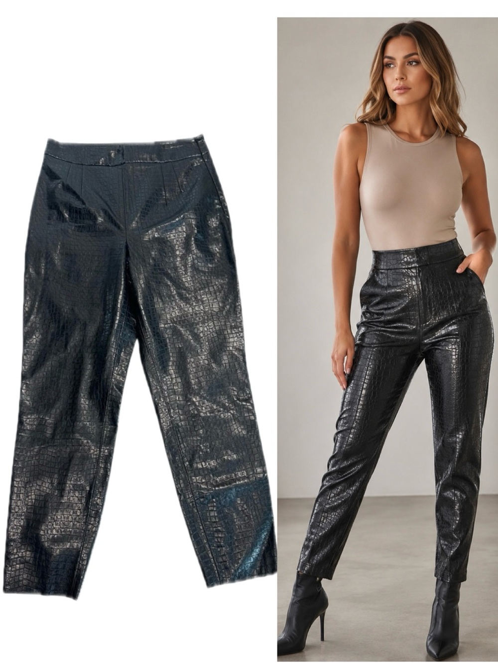 Zara black croc embossed faux leather pants side zipper Sz L NWOT